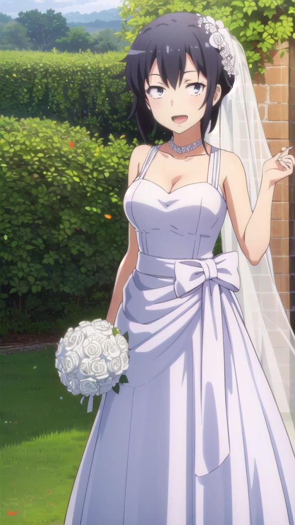 masterpiece, best quality, girl, solo, looking at viewer, hachiman hikigaya, black hair, black eyes, large breasts, wedding Dress, standing, garden, confetti, holding bouquet, smile, open mouth,