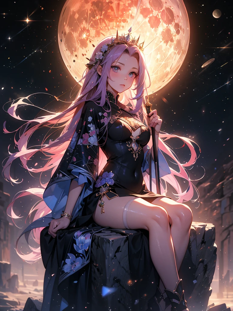  黒マントを着た裸の Medusa の少女が渦巻の中を飛んでいる,   anime fantasy artwork sitting on a rock with a full moon in the background。sitting on a rock、There is a full moon in the background。 Medusa , Hair is made of snakes、Mythical world、 Glaring works， Anime Fantasy Illustration  ,     Soft Vitality of an Anime Girl with Space Hair   , epic anime artwork,   Detailed Anime Art  work,   detailed digital anime art, Swirling Black Magic  , Dreamy psychedelic anime  ,   Art Nouveau Anime Space Display  ,   beautiful anime artwork ,  Anime Original Picture Details  ,  Delicate and Beautiful Anime CG Style ,   Detailed Anime Art  、Drops white liquid from her vagina、Has a long sword long enough to reach the moon