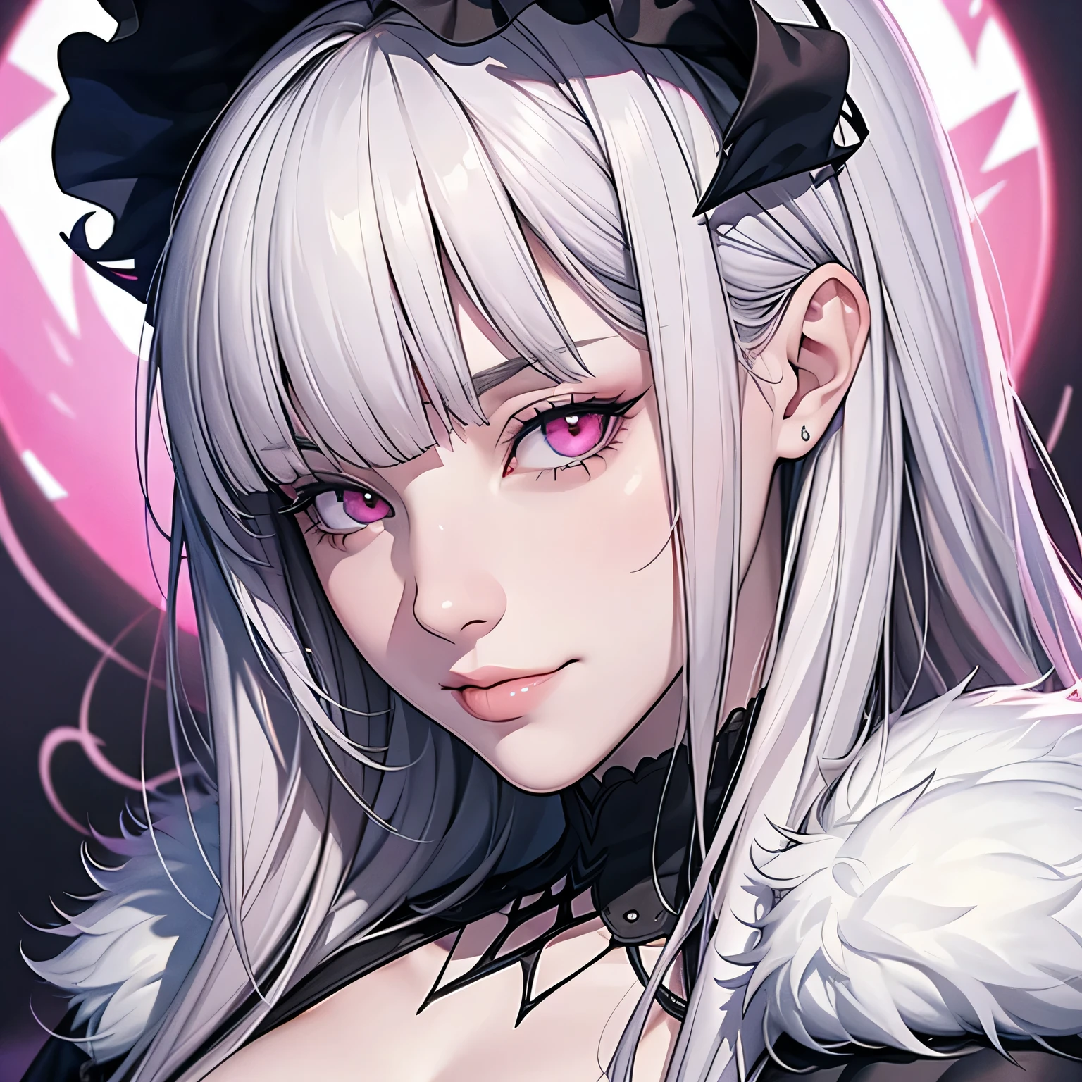 Anime girl with white hair and black cat ears and a black cat tail ...
