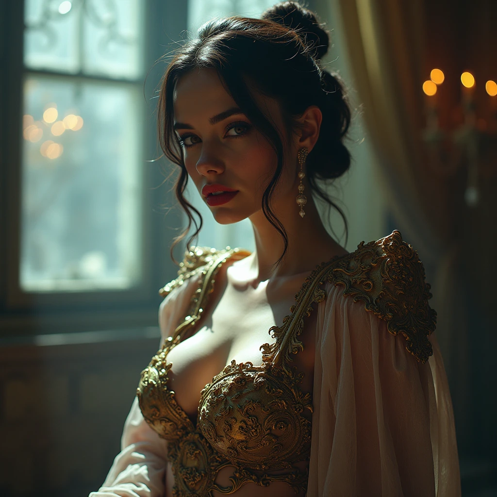 Scott Malm's style - Empire, ((Photorealism 2))、Blonde Beauty , Corsets, Cinematic, (Portrait), sideface, foreshortening, large bust, cleavage, ((Detailed Face, beatiful face, full makeup)), full_body, Upper torso、Hair, 独奏, Entrance to the castle、 Realistic,(medium), (Ultra-detailed:1.2), ((High decorative dresses)), detailed light, NFFSV, Empire_Dress,