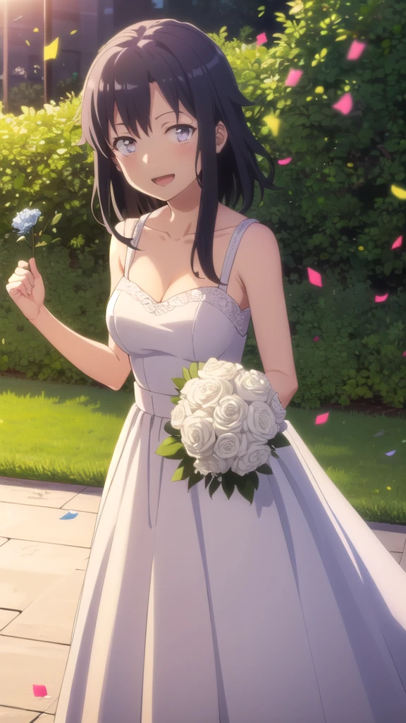 masterpiece, best quality, girl, solo, looking at viewer, hachiman hikigaya, black hair, black eyes, large breasts, wedding Dress, standing, garden, confetti, holding bouquet, smile, open mouth,