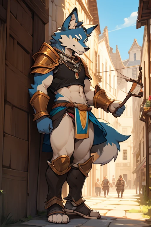 best quality, masterpiece, volga, nordic sled dog, solo, anthro, kemo coliseum, coliseum, standing, tail, fluffy, headwear, bandana, canid, canine, canis, domestic dog, husky, mammal, nordic sled dog, athletic, armor, bandage, bandanna, blue eyes, bottomwear, bulge, clothing, feet, jewelry, kerchief, loincloth, looking at viewer, male, soles, solo, unconvincing armor, by takemoto arashi, by null-ghost, by DRKS, by patto, by wfa, 
