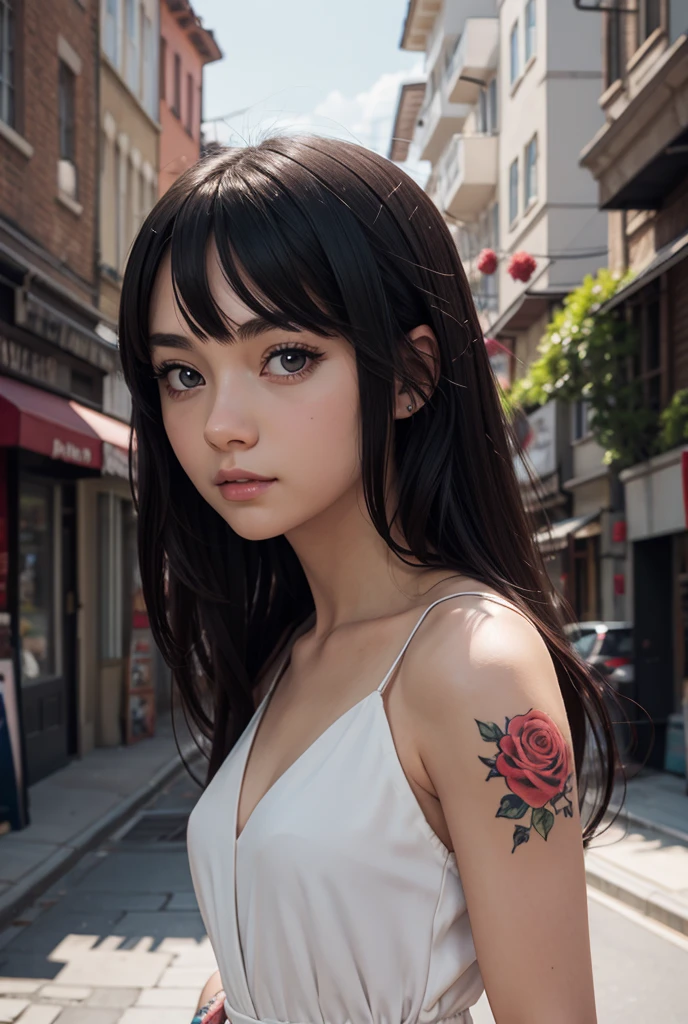 Anime girl with long black hair and a white dress with red roses, Tattooed with, Detailed beautiful eyes, Gu Weiss, Gu Weiss on pixiv artstation, detailed digital anime art, Beautiful anime girls, Gu Weiss on artstation pixiv, Anime style 4K, Guys, a beautiful anime portrait, detailed portrait of an anime girl , detailed anime art, antique building {x} Beautiful anime woman
