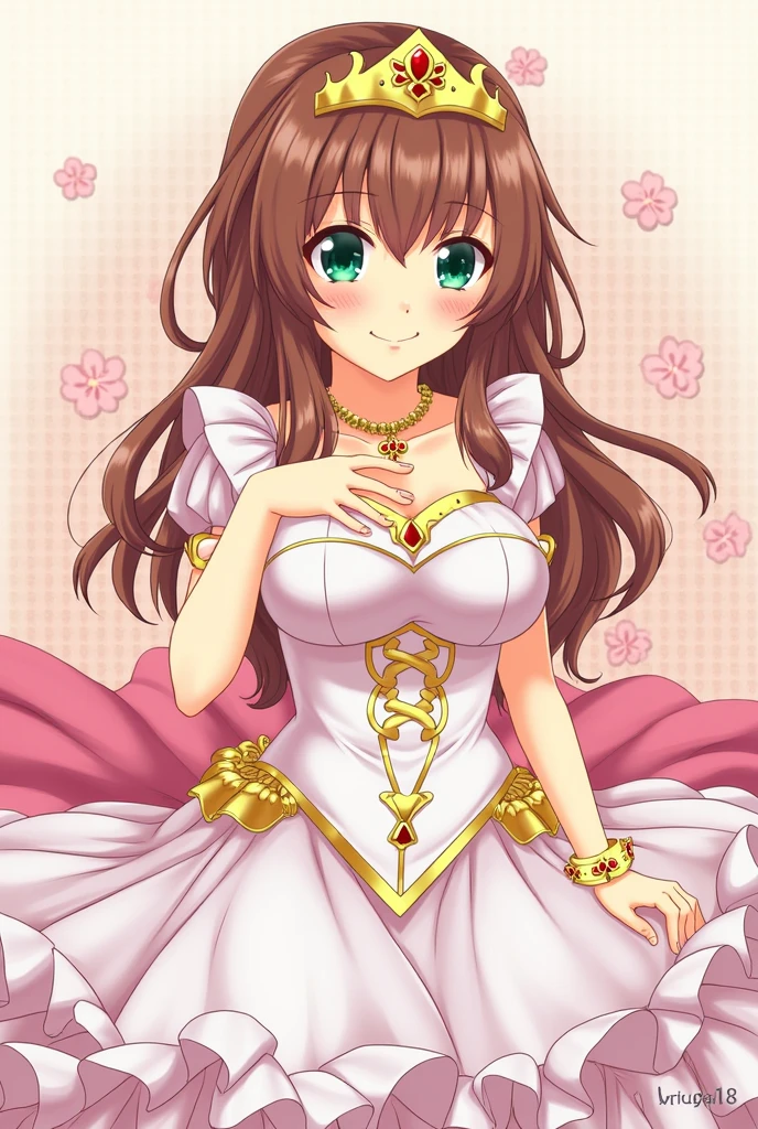A busty light-skinned girl with green eyes and reddish-brown hair wearing a princess dress while in a rose garden