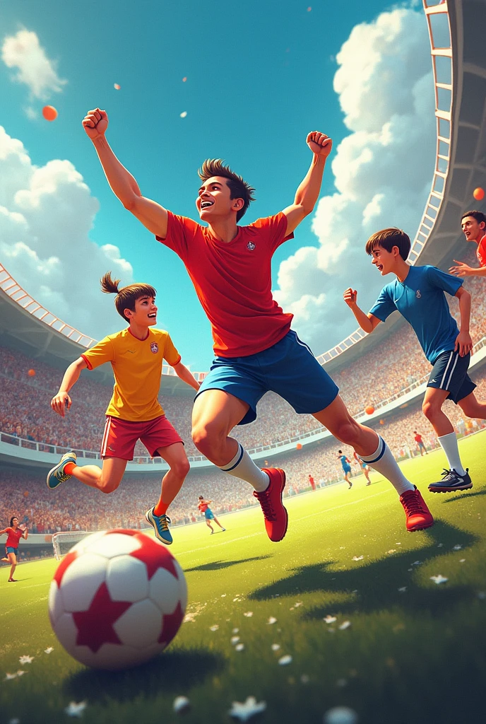 Asian football player play rondo and the player who are in the middle has no shirt. So his friend laugh at him