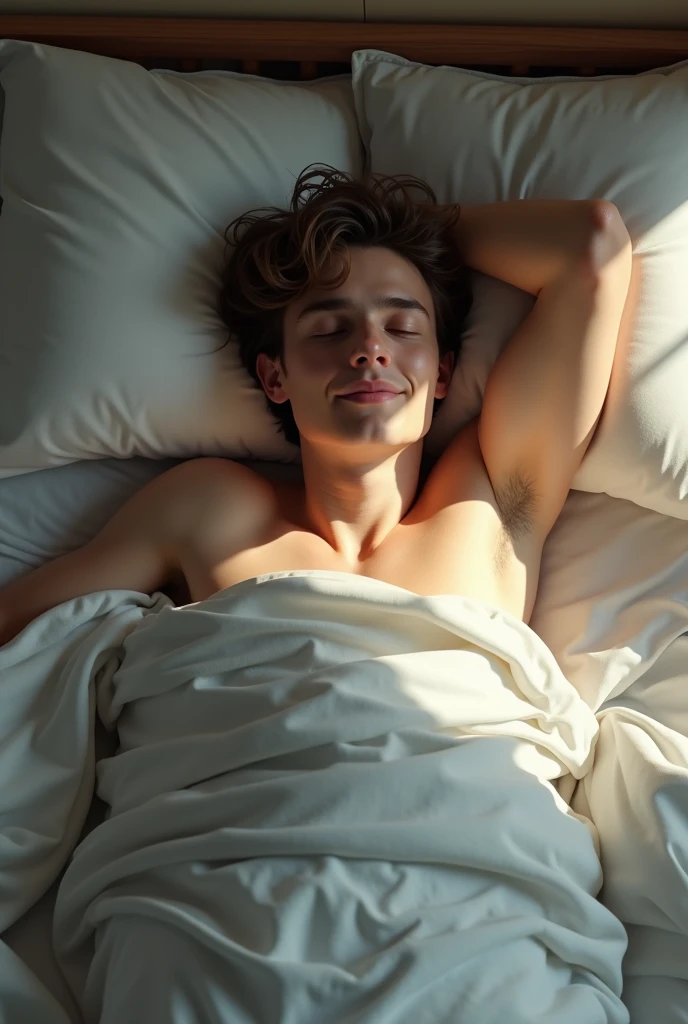 2 Young cute handsome white beautiful face white skin 27 year old playing together pillow on bed