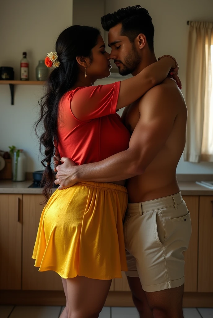 a 21 year old handsome boy holding waist and uplifting a beautiful gorgeous plump 45 years old indian woman in kitchen,