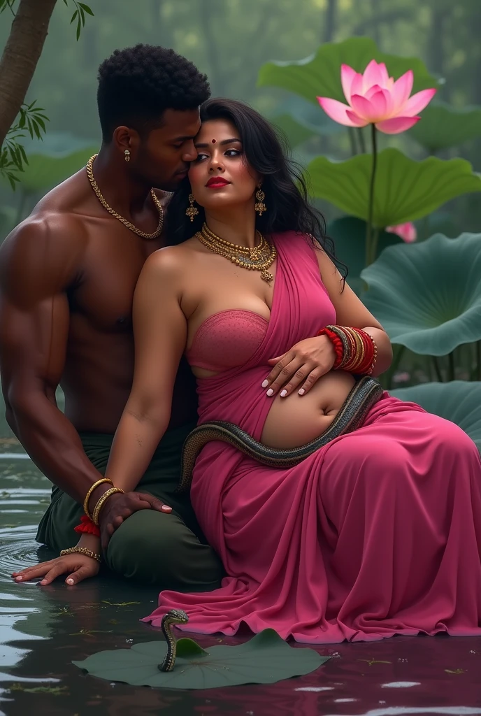 A Indian sexy, curvy bhabhi , wearing a pink saree without blouse ,sindur ,bangles ,gold chain , earrings with chain ,sleeping on the lap of dark black muscular Nigerian lap ,on lotus pond ,cobra snake on her belly 
