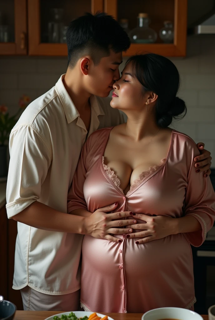 Show me a beautiful white skinned black haired woman with a huge huge belly pregnant with triplets wearing a tight dress and a man kissing her huge huge belly