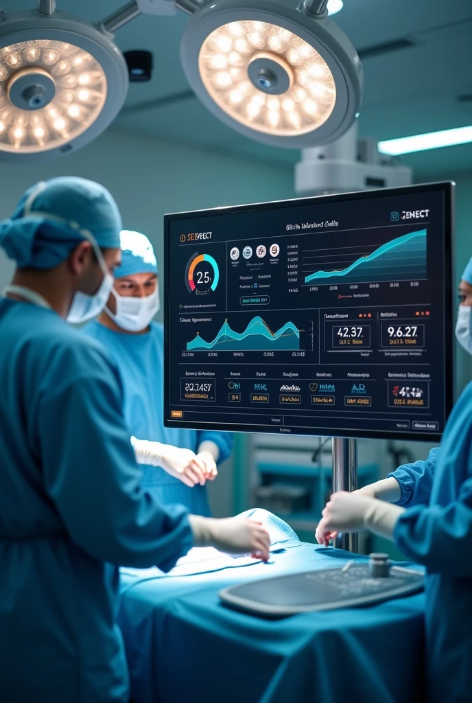 "Composite images of nursing care including blood collection and wound treatment, interconnected by colorful cables from which data is transmitted to be recorded in information systems."