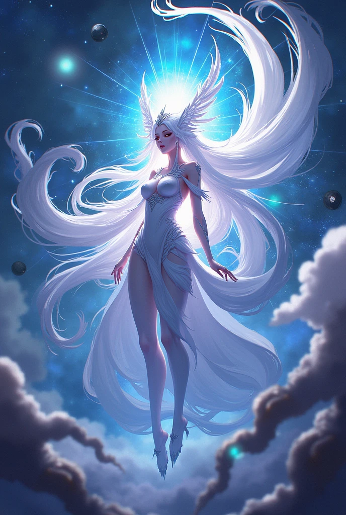(Masterpiece - Ultra-Detailed, High Resolution)There is a white unicorn girl, blue mane and long mane, white unicorn, unicorn, unicorn horns, A unicorn, celestia, Nine stories, blue unicorn, soft dreamy, cinematic light《fangs》Unicorn in, mythological creatures, a mythical creature, Pokémon illustration, unicorns, a glaceon princess, white dress, opal eyes. Auroracore, ghostly iridescent, image good for rendering, sitting on the water. unicorn girl, full body