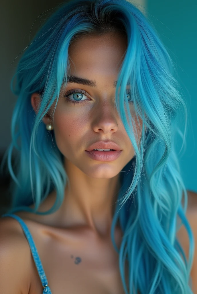 blue haired girl, 20 year old woman, intenste realistic light blue eyes, light freckles, high contrast eyes, slim, sitting on bed wearing a linen nightdress , sexy hot, xxxx, vibratore