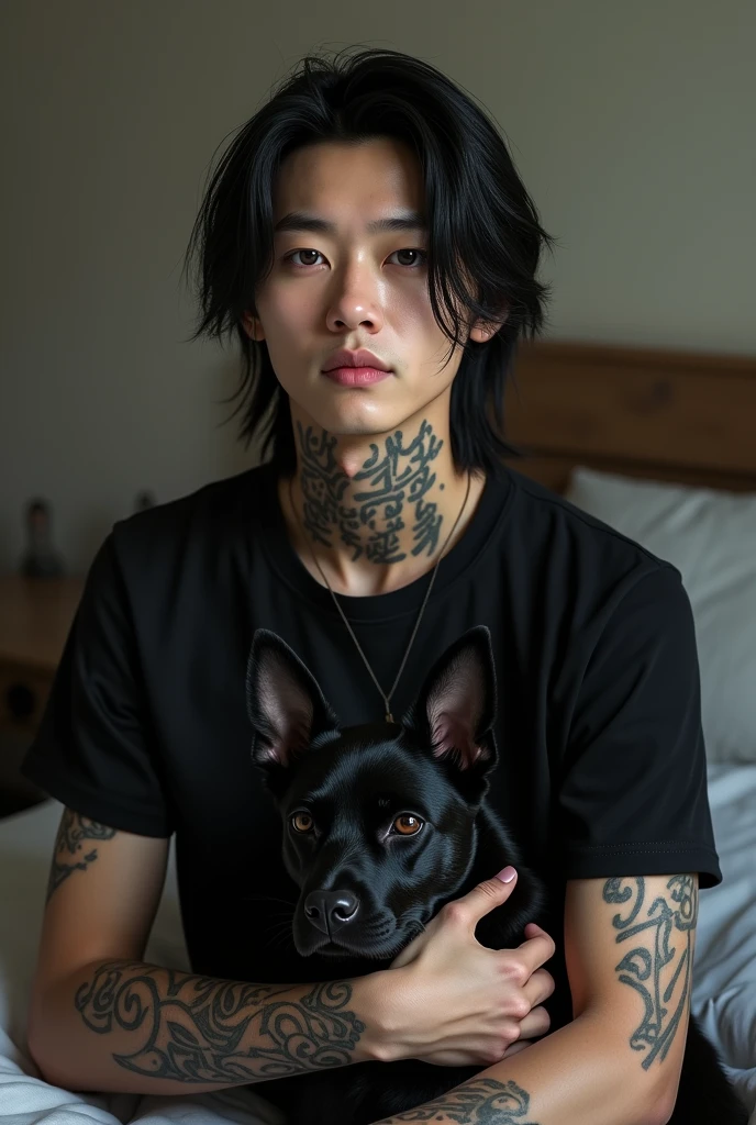 A photorealistic portrait of an insanely handsome attractive Korean man, no shirts, very strong, short messy hair, chiseled and extremely tattooed sitting on a step next to a big fierce dog, a large colored door as the background, a colorized photo by Jesse Richards, instagram contest winner, maximalism, masculine, handsome, grotesque, photograph, detailed symmetric realistic face, extremely detailed natural texture, peach fuzz, long hair, masterpiece, absurdres, nikon d850 film stock photograph, kodak portra 400 camera f1.6 lens, extremely detailed, amazing, fine detail, hyper realistic lifelike texture, dramatic lighting, unrealengine, trending on artstation, cinestill 800 tungsten, looking at the viewer, photo realistic, RAW photo, TanvirTamim, high quality, highres, sharp focus, extremely detailed, cinematic lighting, 8k uhd,-imagine-, full naked man, big dick, erection