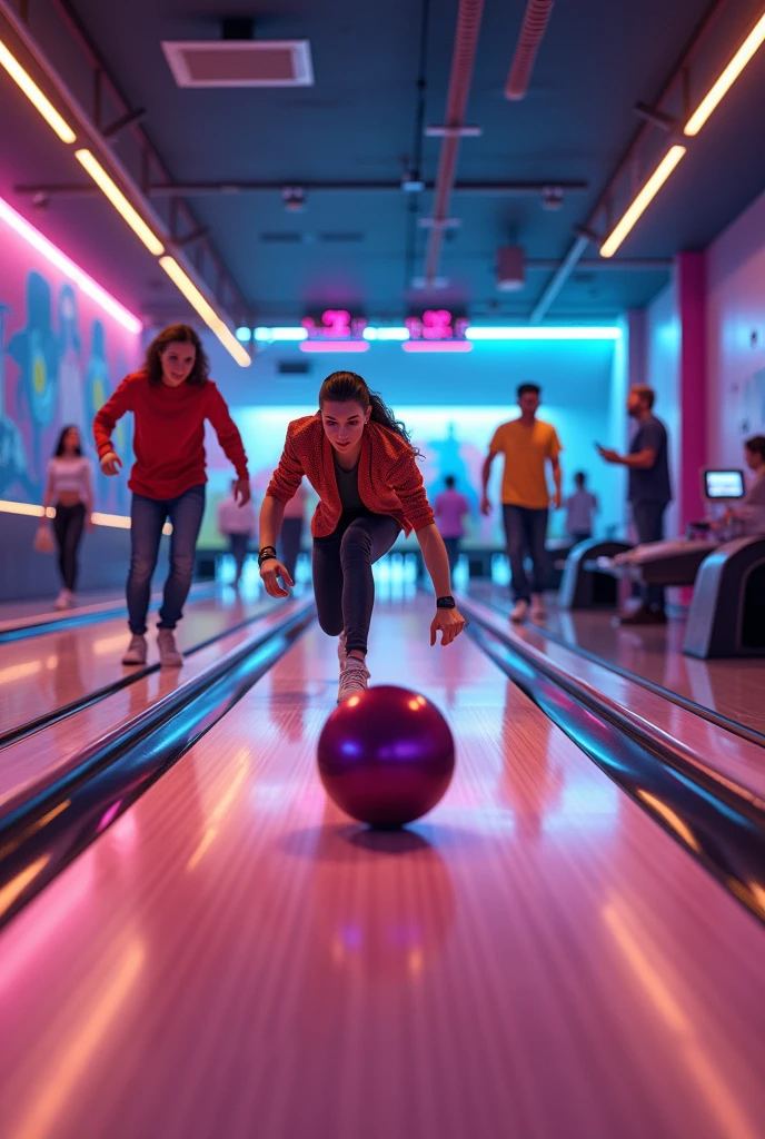 Chubby girl talking to a friend at a bowling alley