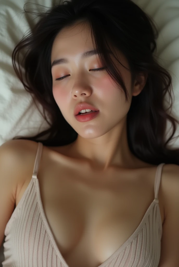 60 years old,(mature woman:1.2), (((long old hair))),brown eyes, (many wrinkles on her face:1.4), (There are many wrinkles on her chest1.4),old woman, detailed wrinkles (8K, High resolution,super high quality, Super high quality,surreal,highest quality,Masseter muscle part:1.2)(big chest,big cleavage:1.1) ,(old woman in Japan) ,red lingerie,eyes visible through hair,cinematic light,soft light,waist,at night,soft moonlight,Detailed color grading background,Complex, very detailed,8K,((close your eyes)),lips,((lying in bed 1.4)), realism,[close your eyes: (narrowed eyes:1.3):11], blush, (open your mouth:1.4),(parted lips:1.4),(half-open eyes:1.4),(feeling weak:1.5),