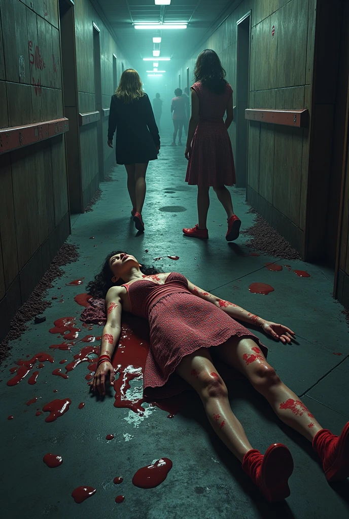 A dramatic photograph taken in an office setting features three different slender business ladies, each with a model appearance, blonde and brunette sitting in flirty poses on the muddy floor and their clothes completely blood and mud covered, they smear blood and mud on own all clothes. Their very long, straight hair is disheveled, stained in blood, cascades over their shoulders as they look directly at the viewer. They are dressed in dark elegant business skirt suits made from cotton and wool fabric, including long business pencil skirts, torn and ripped jackets, vests, torn white button-up shirts. The jackets, vests, and skirts are soiled with a thick, white, viscous liquid that drips down their clothing, creating a striking contrast against the cotton fabric. They smeared a lot of blood, mud on their skirts, jackets, vests, shirts, stockings, faces, and hair from head to toe. Their jacket, skirt are very torn, ripped, tired and muddy, dirty. The liquid blood and mud covers their clothing, leaving many visible stains and streaks. They wear black chokers around their necks, adding to the eerie and unsettling atmosphere. Their smear dirt on own clothes. The background shows a muddy basement. The lighting is artificial and evenly distributed, highlighting the subjects' faces and upper bodies while creating soft shadows. The overall mood is dark, intense, and eerie, emphasized by the low-key lighting and the contrast between the clean, organized office space and the disheveled appearance of the women. The cool color palette and high contrast between the subjects and their surroundings contribute to the dramatic atmosphere, creating a sense of tension and foreboding in this surreal, otherworldly setting.