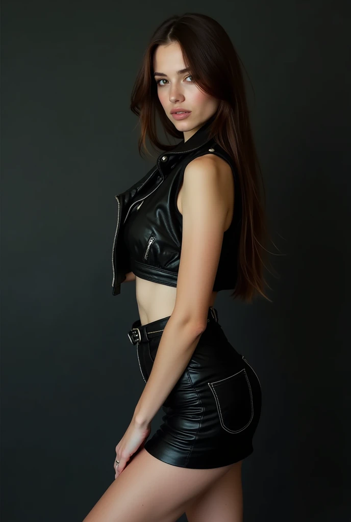 cute white skinned girl. beautiful grunge queen with long straight brown hair on sensual and sugestive pose on black plastic jacket on sexy pose with black leather jacket and panties posing for a picture with her hands on her hips and her back turned, Eve Ryder, american barbizon school, black, a digital rendering