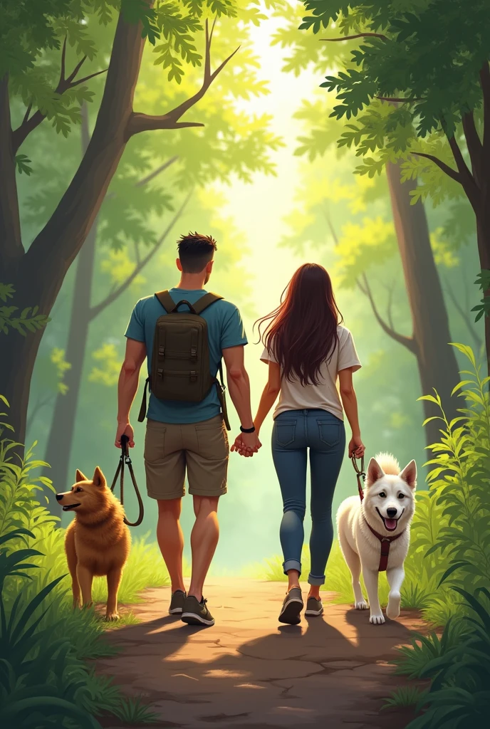 Revise, make it realistic and separate them, one female with dog, one male with dog.