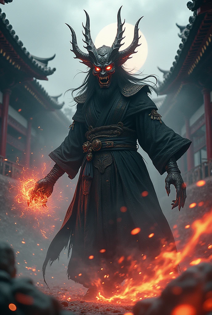 Hell Demon, Black-scaled youkai, Chinese legend hell scene, Extreme horror, Zhang Yimou's film style, The picture is bright, Extremely detailed line drawings CG artwork, See the devil clearly, It shows the shape of a huge right hand with demonic fingers, Detailed face, There is an open and clenched fist state, Light and shadow effect, Beautiful and dynamic pose, Detailed rendering, Colorful scenes, Full of depth, Vibrant lighting effects, Sketch a magnificent and mysterious atmosphere