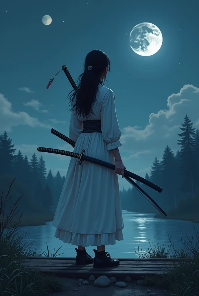 a chinese girl performs a solo in front of the camera in a colorful moonlit garden. the artwork features rich and intricate details, exquisite portrait photos with refined and vivid colors. the scene includes a cowboy shooting amidst tropical flowers, evoking a sense of romance and mystery,in clothes