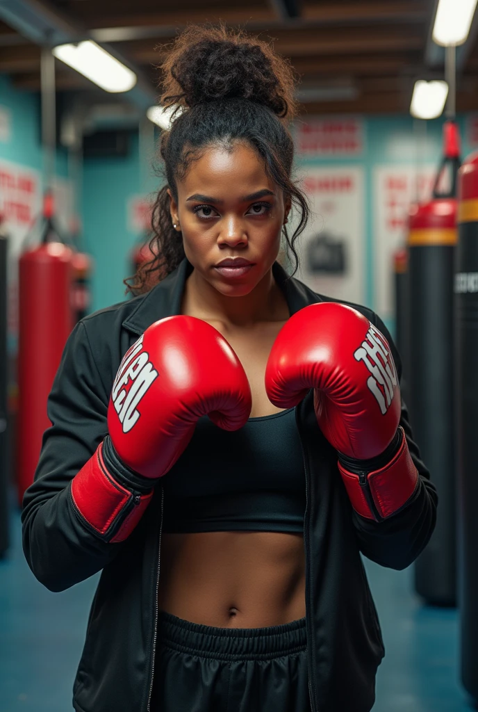 Empowered black woman muay thai fighter, inside a boxing ring, top camera, 8k, punching bags behind --auto --s2
