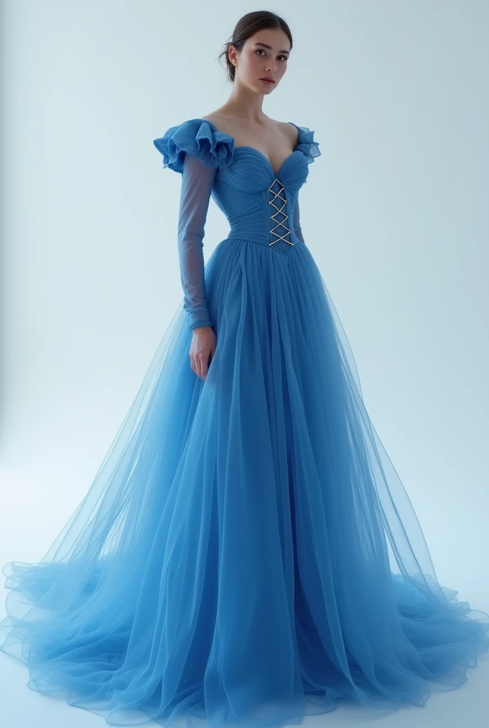 Delicate white blue silk midi dress. shoulders and sleeves are white separately with a small slit above the chest and puffy sleeves to the elbow