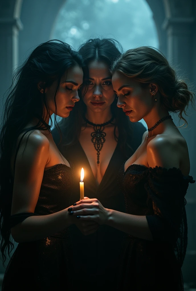 [nudity, explicit] NSFW A group of very sexy witches in black mini skirts, topless, breasts and nipples showing, casting a spell over a cauldron under a full moon