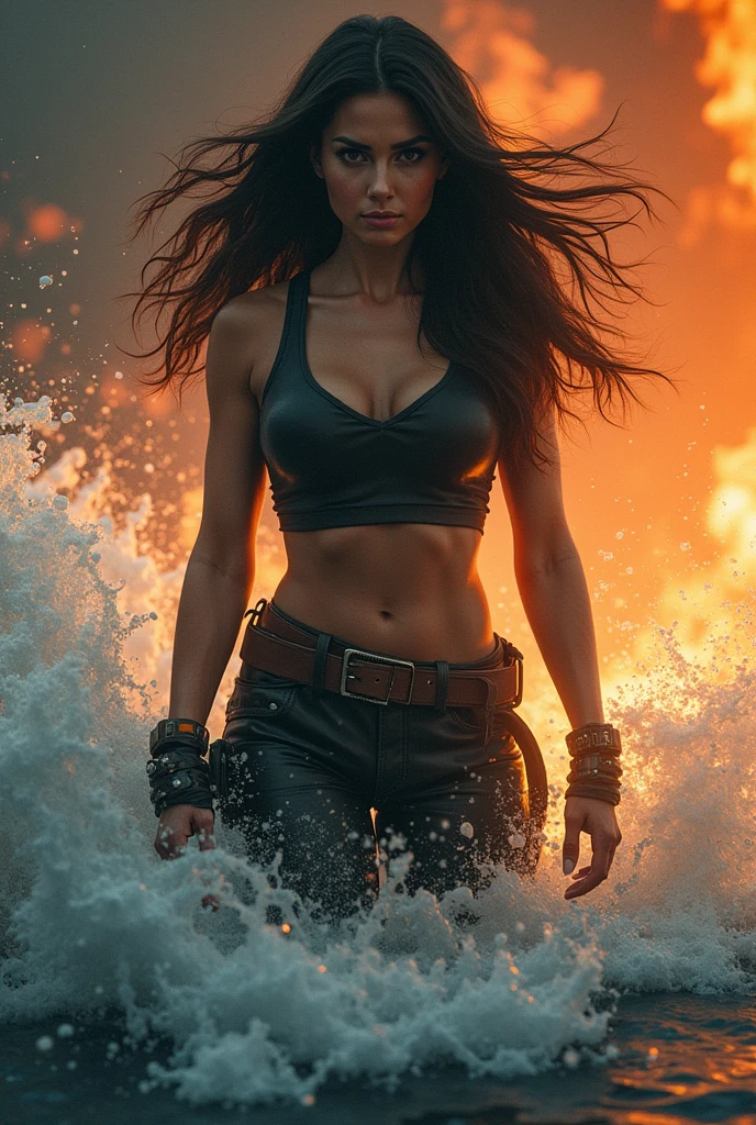 (best quality:1.33), (masterpiece:1.42), (realistic:1.24), (detailed:1.15), , high contrast and dynamic pose, movement, wet, energy,
Generate an image of the Halle Berry as storm from Xmen with flashy, eye-catching special effects, like energy blasts or lightning bolts, in the style of Ross Tran,
professional photoshoot, action shot, cowboy shot,