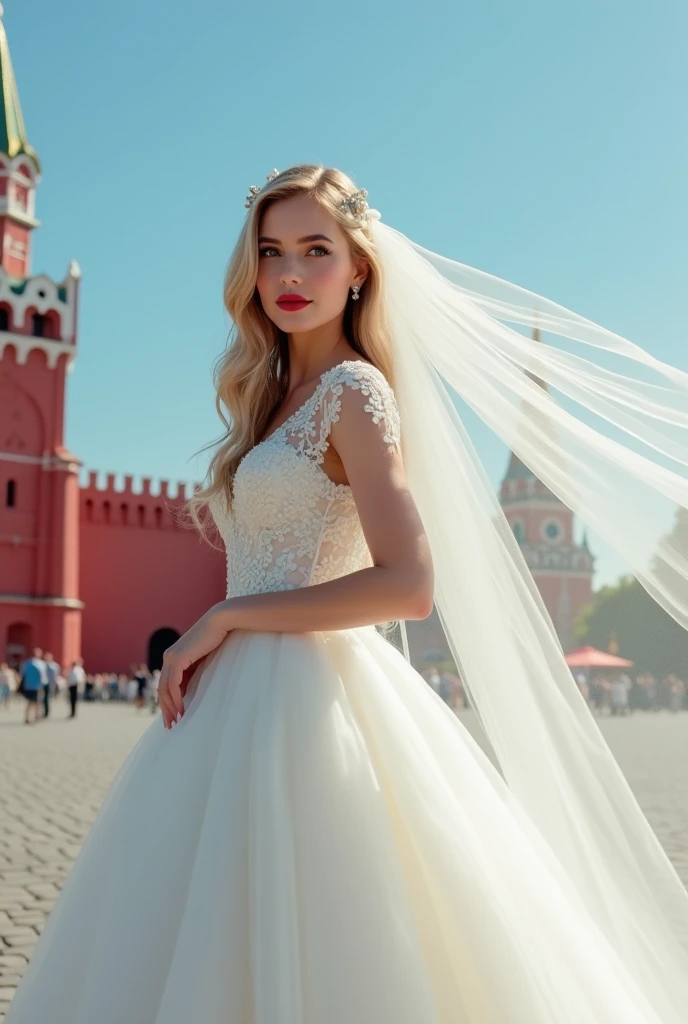 A 25-year-old girl in a luxurious fluffy white wedding dress with a long veil stands on Red Square in Moscow near the Kremlin. It's a sunny summer day, blue sky. Her look with a slight smile. Her makeup is natural, the lipstick on her lips is scarlet. The girl has a Slavic appearance with blue eyes. Detailed facial features, cinematic lighting, high quality, photorealistic, 8k, masterpiece, elegant, charming, warm colors, natural lighting