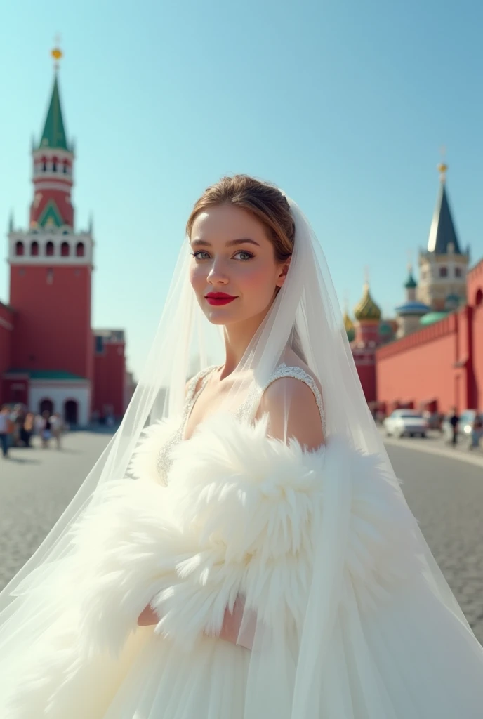 A 25-year-old girl in a luxurious fluffy white wedding dress with a long veil stands on Red Square in Moscow near the Kremlin. It's a sunny summer day, blue sky. Her look with a slight smile. Her makeup is natural, the lipstick on her lips is scarlet. The girl has a Slavic appearance with blue eyes. Detailed facial features, cinematic lighting, high quality, photorealistic, 8k, masterpiece, elegant, charming, warm colors, natural lighting