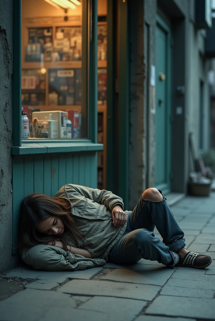 A young girl sits on the side of the street, her dirty clothes barely covering her thin frame. She holds out a small cup with a few coins in it, hoping for the generosity of passersby. Her eyes are downcast, filled with sadness and desperation. She looks around nervously, avoiding eye contact with those who walk by. The city bustles around her, but she remains isolated and alone in her poverty. dirty torn clothes ,  single cup, malnourished, crippled and disabled ,