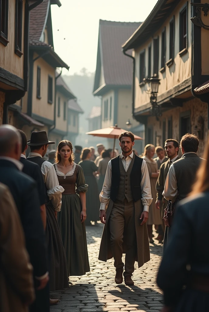 A witch controls a group of people standing in front of the town, while others gather around to witness the scene,ultra reastic,