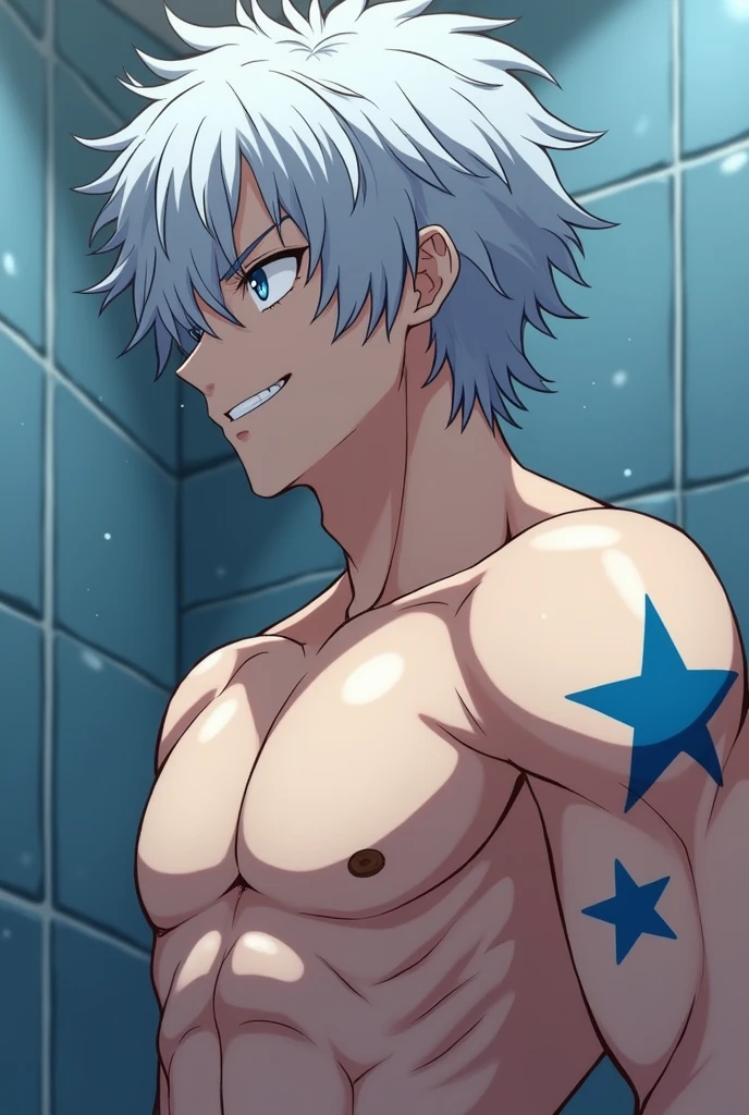 anime guy with White hair and blue eyes in a shower, Tall anime man with blue eyes, Kaneki Ken, Kaworu Nagisa, Cool anime poses, Male anime characters, Kaneki Ken, muscular!!, muscular! White, Anime handsome man, puffy breasts, Young anime man, Shirtless, Perfect body, White haired