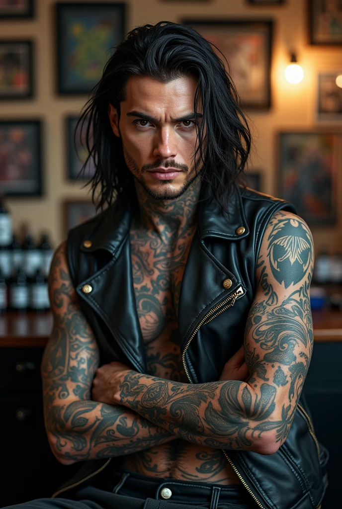 Not very masculine man. BIG, Very handsome, Full lips, straight nose, and a finely trimmed beard and mustache. Light blue eyes and messy and long black hair. Dragon and a long variety of tatoos