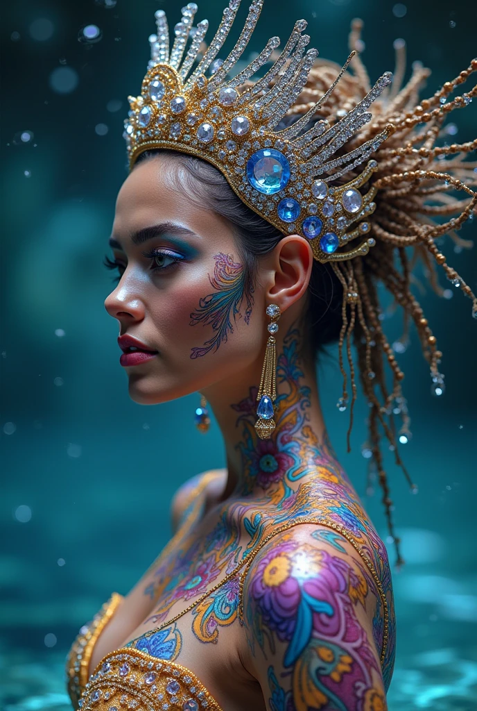  jewelry ornaments ,fantastic headdress with crown,complex details,super realistic, Diamanten,Rubine,Saphire,Smaragde,Hals,Waffen, Ohrringe,everything is very complicated,Originality,toma de full body,goddess AMAZONICA, with special features, that make it possible for her, changing color and shape at will , creating completely realistic patterns,size, perfect ,bioluminescente Tattoos,iridescent like neon in all the colors of the rainbow,aura como vistiendose con el agua que sube y gira abrazándola formando grabados Intrincados como bioluminescente Tattoos por todo el cuerpo,nackt, she is only in her skin dress , die ihre Farbe wie Sepia wechselt und ihre Kleidung wie Body color  kreiert ,Body color ,( Meisterwerk. Ultra-HD. photorealistic) (full body) a lovely ultra sexy brunette woman with lovely DetailEds , lovely plump lips DETAILEDs, extremely detailed eyes and face, wear long lashes ,Epic neckline(bust size) 100e),gut, Teile,complex and detailed facial features,ethereal goddess of the golden world,lovely,aura like blue smoke and Violett around her, A type of huge angel wing, formed from water ,Eis,blue humo ,Violett, butterfly wings , Bluish,bioluminescent,dramatic lighting,cinematographic angle,digital painting, conceptual art ,very detailed,photorealisticic,8K,Meisterwerk,vivid colours,((((Frauen,(athlete with big breasts,nass,oiled,piel hell,realismo de photorealisticic,goddess amazon de los elementos bailando con el agua que se arremolina a su alrededor,ewiger Tanz(lovely realistic female face)),Head tilted,page view)))),black and gold print one-piece,Extremely deep Halsline showing off abs,bright blue eyes,  long hair with darker roots  ,Horsetail,ausruhen,beach in the background with palm trees,  black sand  ((goddess,amazon,  busty jungle beauty  ,female hips)) high resolution , Haarblume,Halo, Meisterwerk,Retina,hell,Frieden