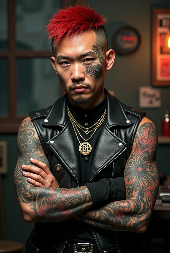 Ah Feng was originally an ordinary young man，Living on the streets of Taiwan。He liked sports since childhood，Especially baseball，Ever dreamed of becoming a professional football player。However，Difficulties in life led him to embark on another path。He became a member of a well-known local gang，Rapid rise to become an influential gangster。Despite the fierce appearance，A Feng still retains the desire for justice and peace in his heart。 hairstyle：short hair，A little messy，染成Dark Brown或黑色。 Eye：Dark Brown，Eyes firm and confident。 height：tall and strong，Strong physique。 clothing：Wearing jeans and a simple white tank top，The vest is printed with Taiwan’s local symbolic patterns.。 Tattoo：全身布滿Tattoo，including dragon、Tiger and phoenix and other patterns，Symbolizes strength and courage。 arms：Holding a shiny baseball bat，It has the gang symbol engraved on it.。
