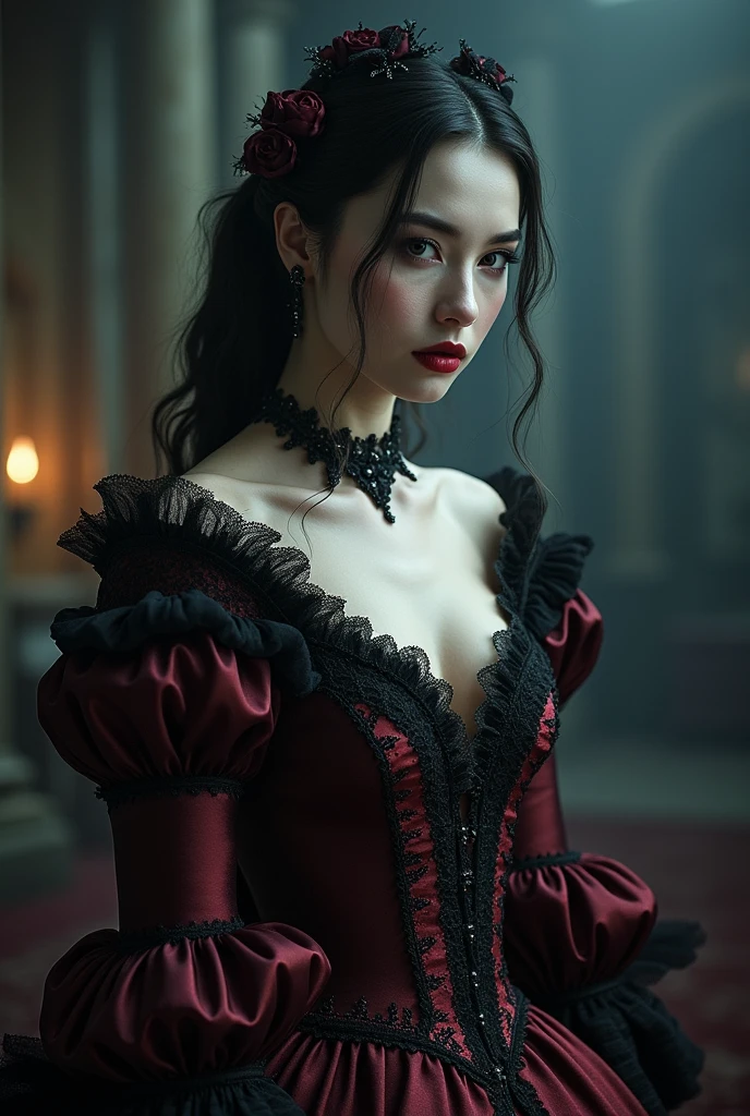 a full length (a masterpiece )(intricate detail) A stunning intricate full color portrait of woman(elegant ,Visually highly detailed , prefect face ,((intricate),8K resolution HDR, glowing skin), red and black victoria secrets, baroque, victorian style, lightening (ultra detailed),reflecting lighting, high resolution, 4K, realistic portrait, epic character composition,sharp focus, natural lighting, subsurface scattering, 35mm, film grain