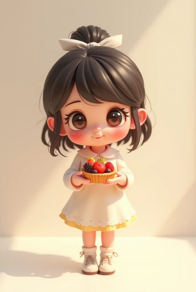 Photoreal、anime character（chibi girl、The lines are thick、Deformed）There is a whole cake with a picture of、Whipped cream