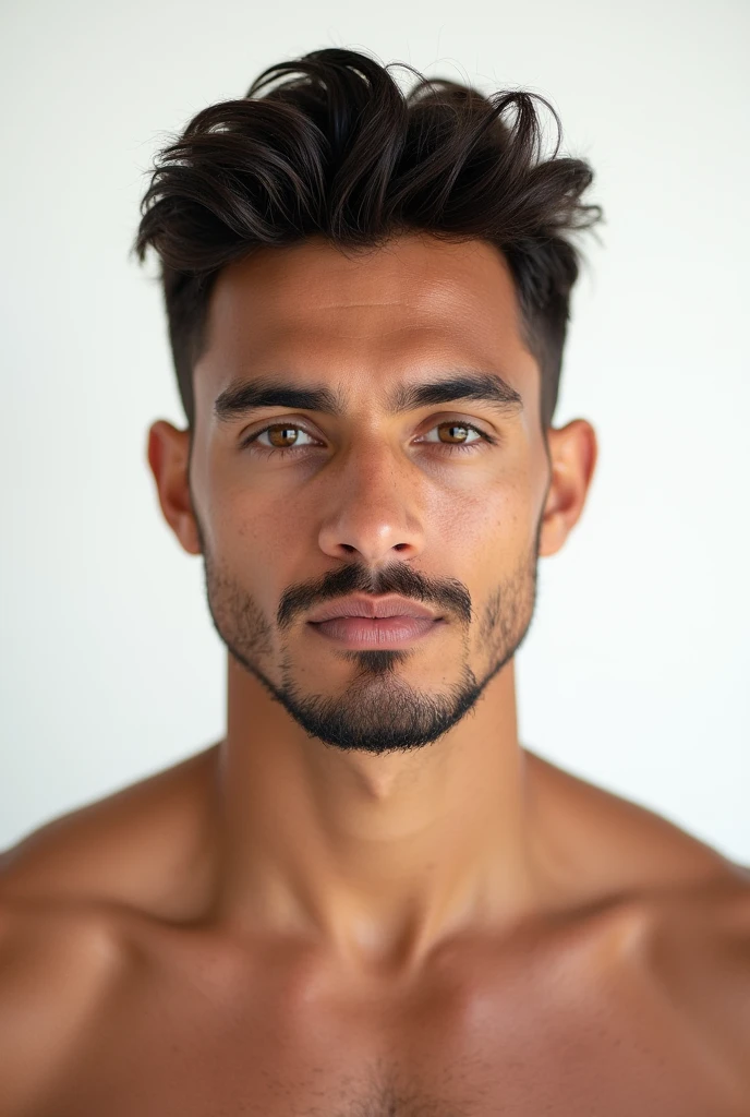 Young man, between 18 and 20 years old, with a goatee, athletic body, black hair, now