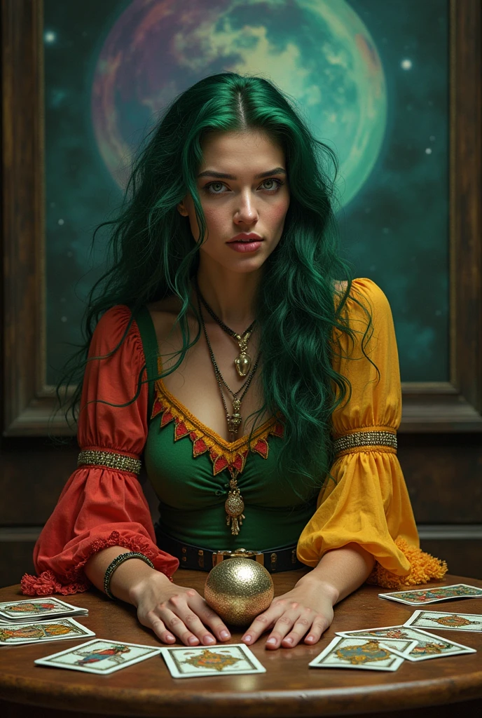 Create an ultra-realistic image of a fortune teller with bright red hair, wearing a deep emerald green robe with golden details. She sits at a wooden table covered with tarot cards, crystals, and candles, her gaze fixed directly at the viewer. In the background, an ornate bookshelf and dark drapes set the mood. Floating dollar bills and coins swirl around her, creating a mystical atmosphere. She wears large gold hoop earrings and a pendant with a gemstone. The lighting should enhance the mystical vibe, giving the scene a powerful, enchanting feel