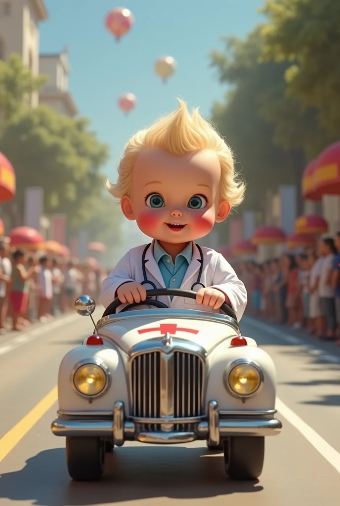 Create a scene where an adorable blonde royal baby is wearing a doctor outfit, and is riding in an ambulance baby car parading down the runway, 4k motion camera