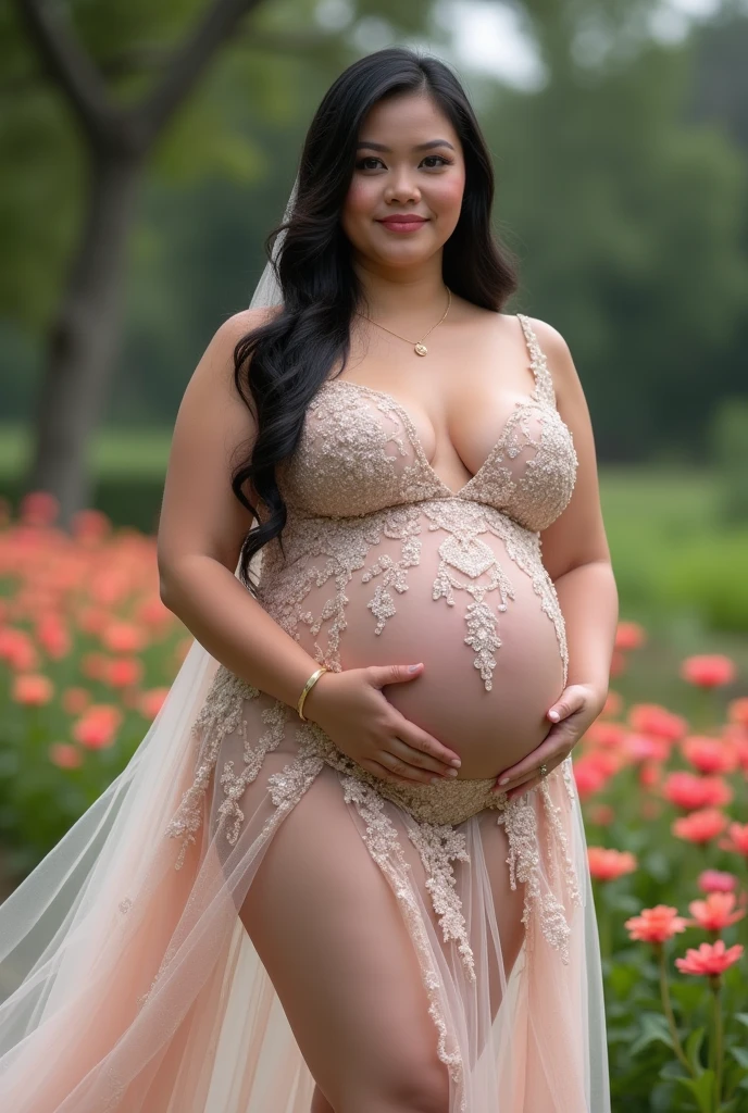Beautiful sensual woman with a curvy body, long hair, bangs, french braid, wide waist, fitting breasts, curvy accentuated booty, ((huge pregnant)), sparkling eyes, long eyelashes, Strong calves, shy Look, taniaayusiregar, beautiful long flowing floral summer dress, walking through a small Mountain village, photorealistic, Masterpiece, bokeh, Volumetric lighting, summer atmosphere, full body shot