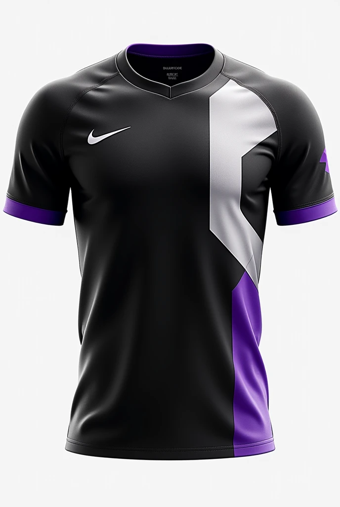 Create a basic team shirt with a round neck, in black with a purple gradient at the end and on the sleeves.Use this same template