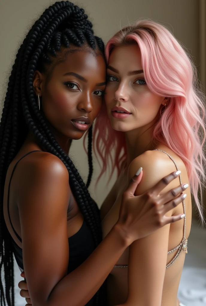 1 beautiful biracial latina woman light blue hair light blue eyes with big large breasts close to beautiful white woman green eyes pink flashy braids hair with big large breast, wear laces underwear, in a empty room,Résolution Haute, Sourire, warm atmosphère