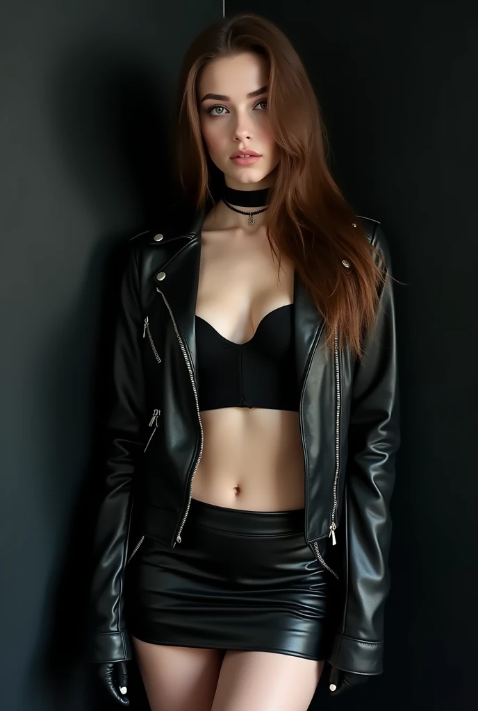 cute white skinned girl. beautiful grunge queen with long straight brown hair on sensual and sugestive pose on black plastic jacket on sexy pose with black leather jacket and panties posing for a picture with her hands on her hips and her back turned, Eve Ryder, american barbizon school, black, a digital rendering