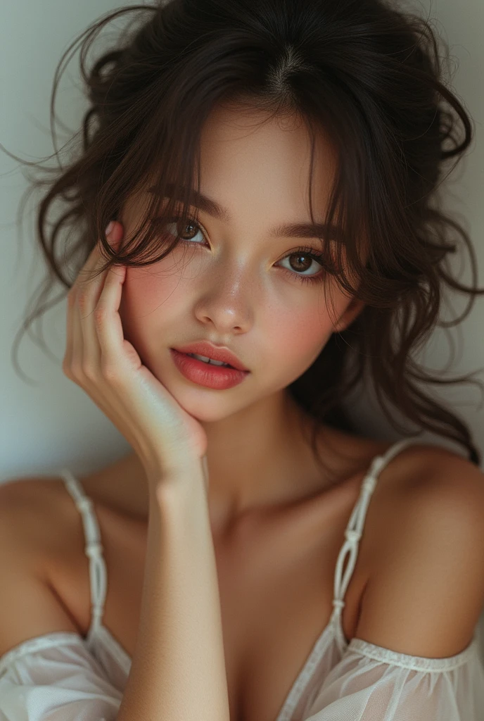 a girl take a selfie with a thin shirt , HIGHRES, clean face, with accurate face, solo, upper body, potrait, close up potrait, portait photo profile picture, REALISTIC , PHOTOREAL, messy hair, open mouth, perfect face, best image, HIGH RESOLUTION