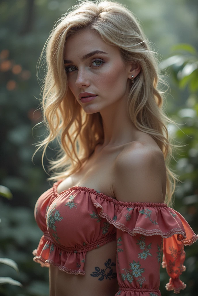 1 female, intense light blonde hairintense light blonde hair, straight hair, blue eyes, delicate face, Pale skin, young, smile, Red dress, natural medium breasts, (neckline), Whole body, cowboy shot, Well-formed breasts, realisitic, Opening 1.6, approach, surreal beauty, charming beauty, 8k