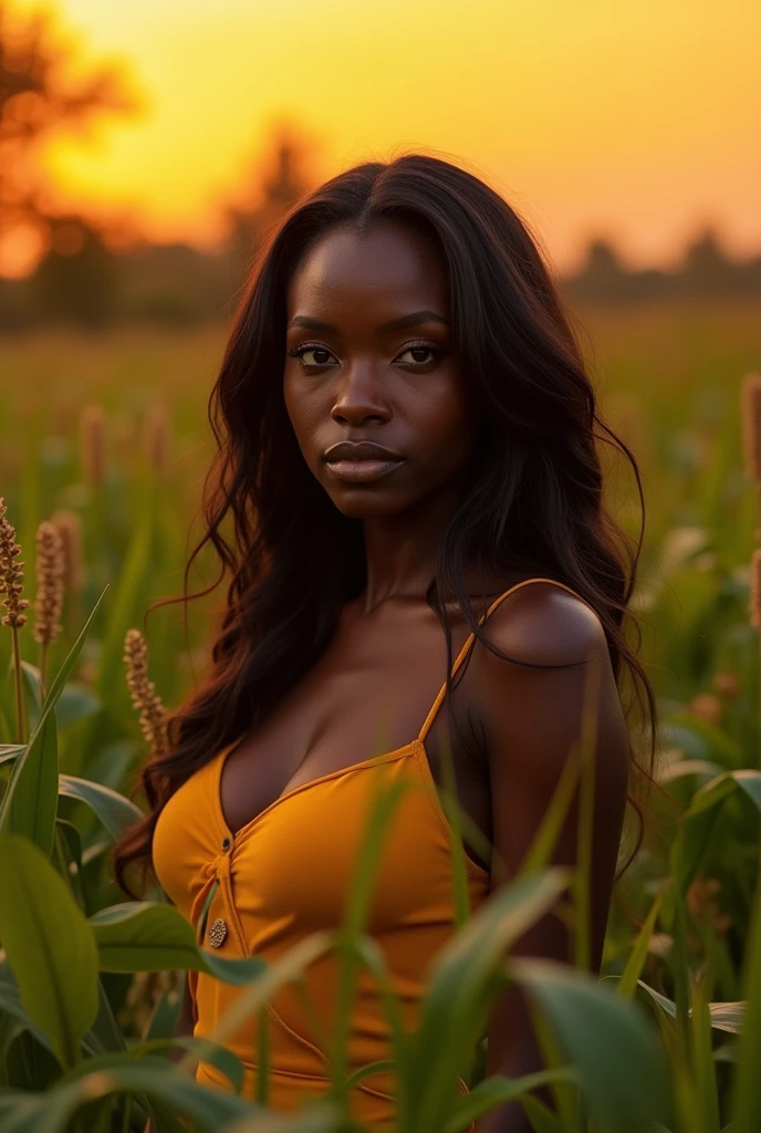 cinematic photo (art by Mathias Goeritz:0.9) , photograph, Lush dark black African Girlfriend, In a pumpkins field, Rich black hair, Autumn, tilt shift, Horror, specular lighting, film grain, Samsung Galaxy, F/5, (cinematic still:1.2), freckles . 35mm photograph, film, bokeh, professional, 4k, highly detailed