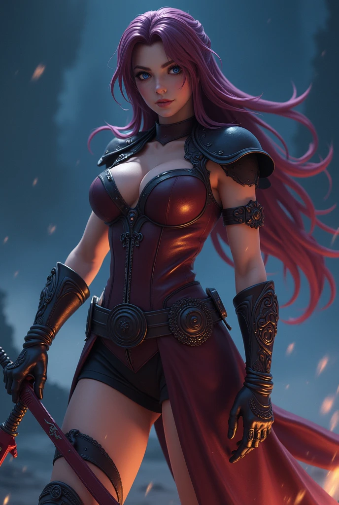 Create final fantasy style a gorgeous woman with smooth burgundy hair with sparkling blue eyes with big perky ass with big hard tits with thick thighs wearing a burgundy metallic vest with black ornaments holding a sparkling metallic burgundy scimitar-style sword with black ornaments on the ground on a night plain