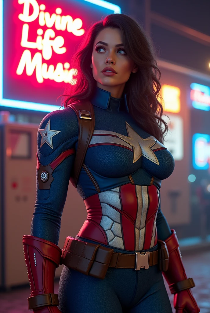 Scene from the movie, close-up shot of ???? Woman dressed as Captain America from Marvel, ???????????, distorted space, distorted undead in the background, lens flares, light shafts, intricate details, highly detailed, volumetric lighting, 4k rendering, stock photo, hyper-realistic, realistic textures, dramatic lighting, Unreal Engine